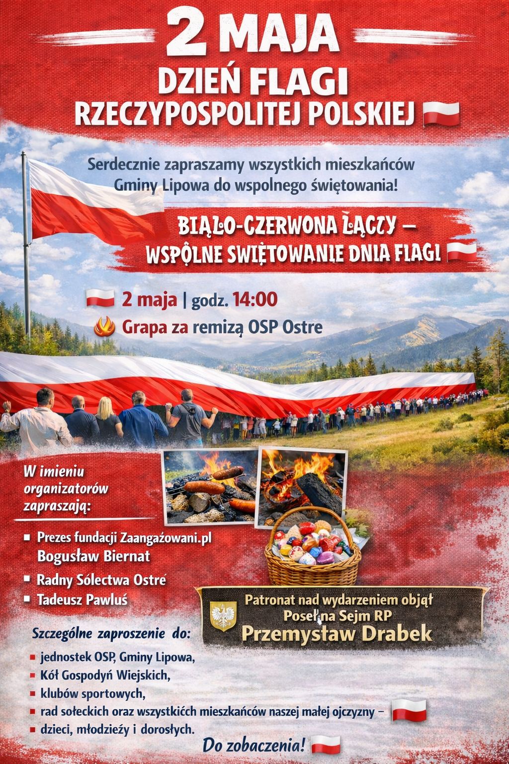 Plakat - 2 maja Dzień Flagi Rzeczypospolitej Polskiej, Grapa za remizą OSP Ostre, godz. 14:00