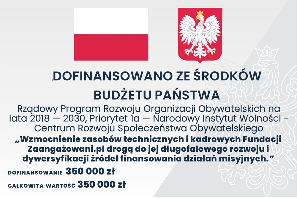 Dofinansowano ze środków budżetu państwa - Rządowy Program Rozwoju Organizacji Obywatelskich na lata 2018-2030, Priorytet 1a, Narodowy Instytut Wolności - Centrum Rozwoju Społeczeństwa Obywatelskiego. Dofinansowanie 350 000 zł, całkowita wartość 350 000 zł.