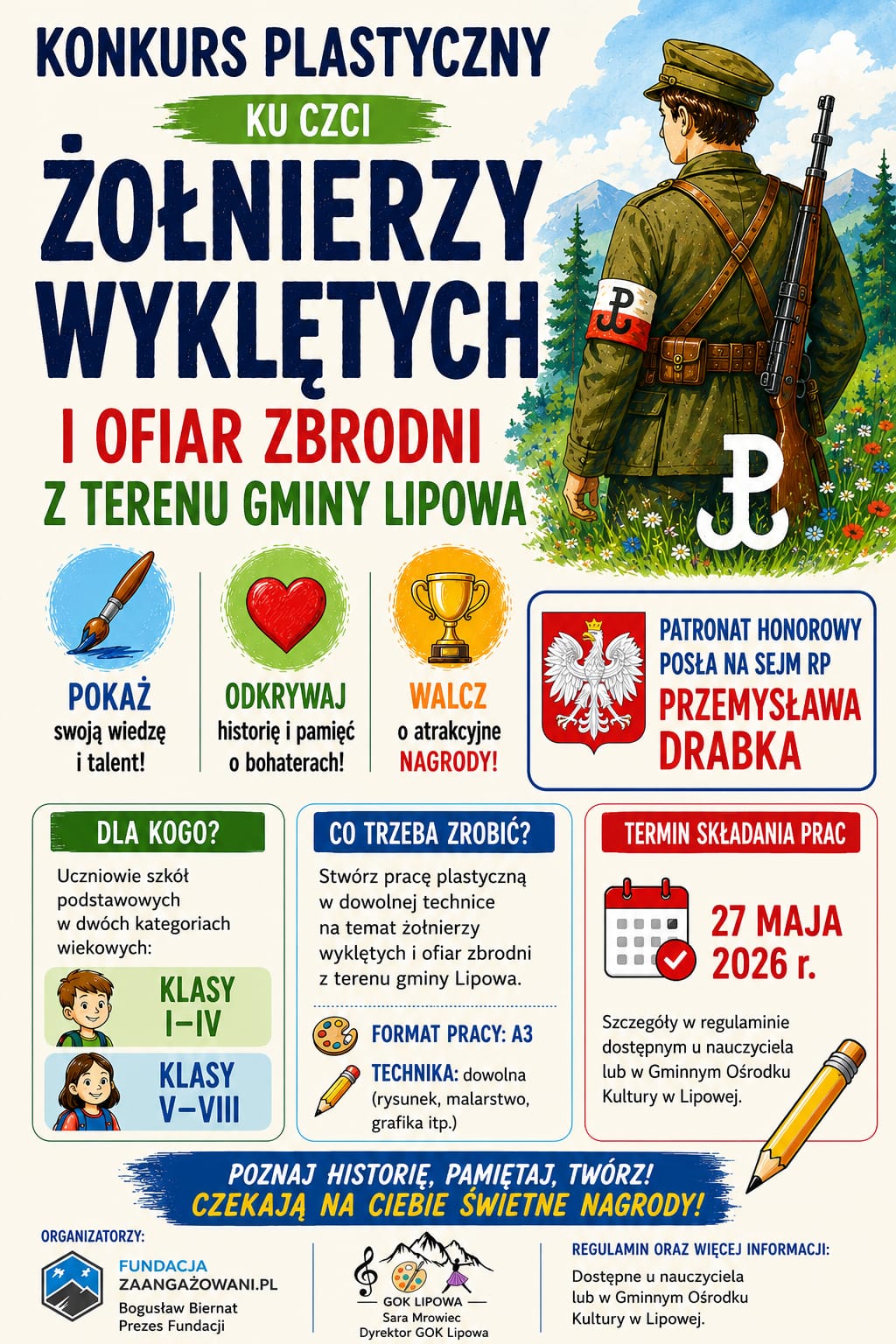 Plakat konkursu plastycznego ku czci Żołnierzy Wyklętych i ofiar zbrodni z terenu Gminy Lipowa